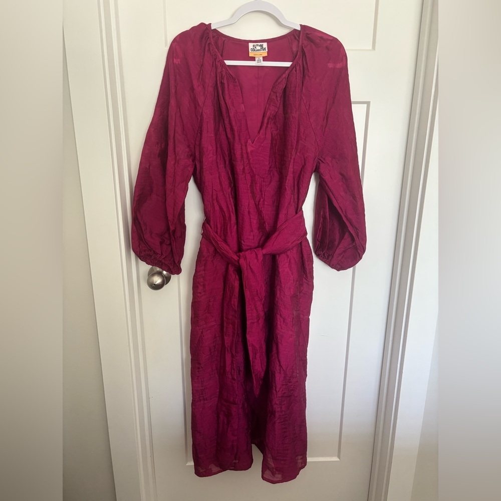 Floral Magenta Dress with Belt and Pockets